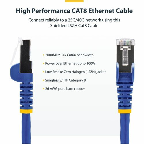 50cm Blue CAT8 Ethernet Cable Snagless RJ45 25G/40G 2000MHz 100W PoE++ S/FTP 26AWG Pure Bare Copper Wire LSZH Shielded Network Patch Cord w/Strain Reliefs Fluke Channel Tested