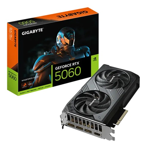 Gigabyte GeForce RTX 5060 WINDFORCE OC 8G- 2512 MHz- CUDA 3840- 28 Gbps. GDDR7- 128 bit- PCI-E 5.0- PSU 450W- DisplayPort 2.1b 3 HDMI 2.1b x1