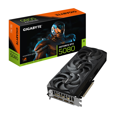 Gigabyte GV-N5080WF3-16GD- GeForce RTXäó 5080 WINDFORCE SFF 16G- 2617 MHz- CUDA 10752. 30 Gbps- GDDR7- 256 bit PCI-E 5.0- PSU 850W- DisplayPort 2.1b x3 HDMI 2.1b x1- 3 Year Warranty
