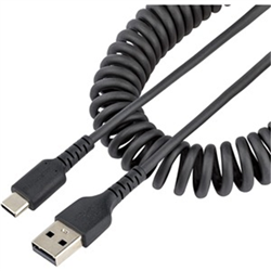 USB A to C Charging Cable - 1m (3.3ft) Coiled Cable Black