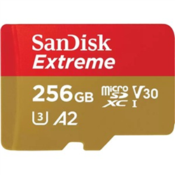 SanDisk Extreme microSDXC- SQXAV 256GB- V30- U3- C10- A2- UHS-I- 190MB/s R- 130MB/s W- 4x6- SD adaptor- Lifetime Limited