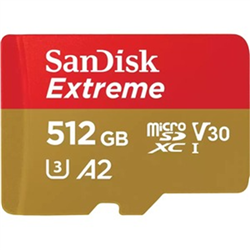 SanDisk Extreme microSDXC- SQXAV 512GB- V30- U3- C10- A2- UHS-I- 190MB/s R- 130MB/s W- 4x6- SD adaptor- Lifetime Limited