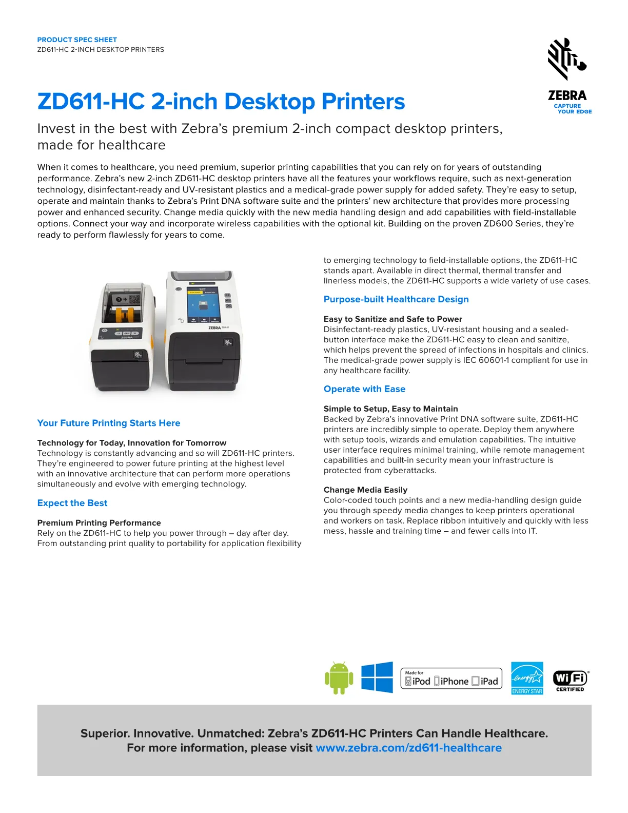 ZEBRA D/TOP ZD611-HC 203DPI T/T BT/ETH/US ZD6AH22-T0PE00EZ